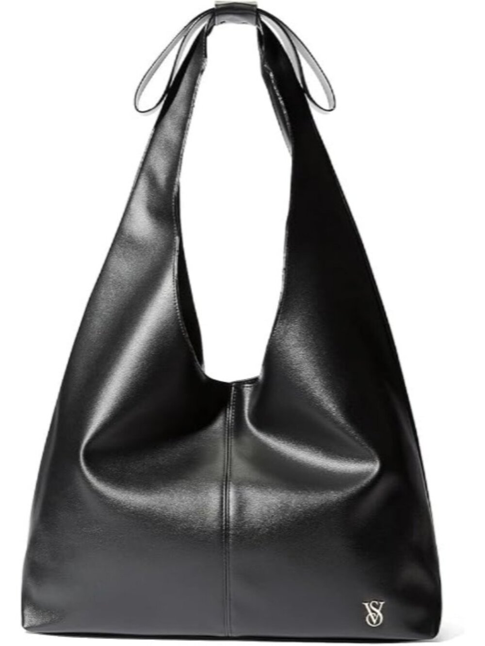 Victoria's Secret Logo Black Faux Leather Bow Strap Large Slouchy Tote Bag